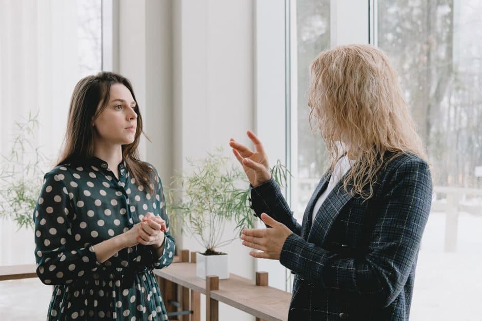 Two colleagues discussing by a bright office window