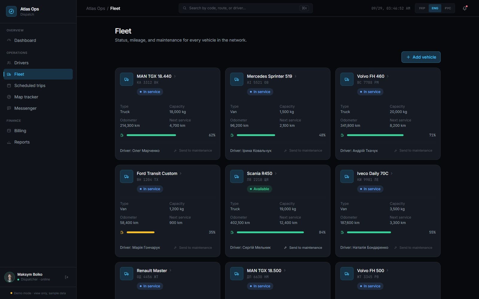 Fleet management view with vehicle status