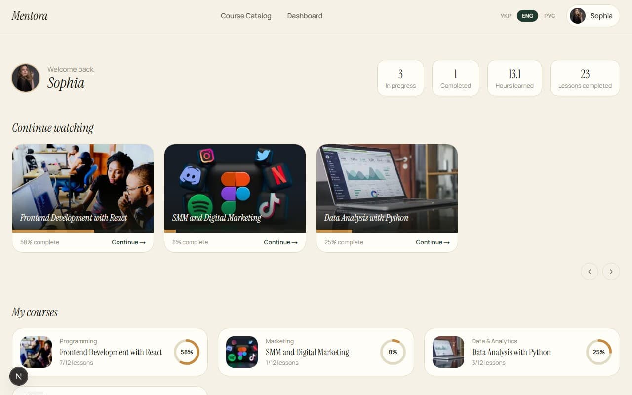 Student dashboard with progress tracking